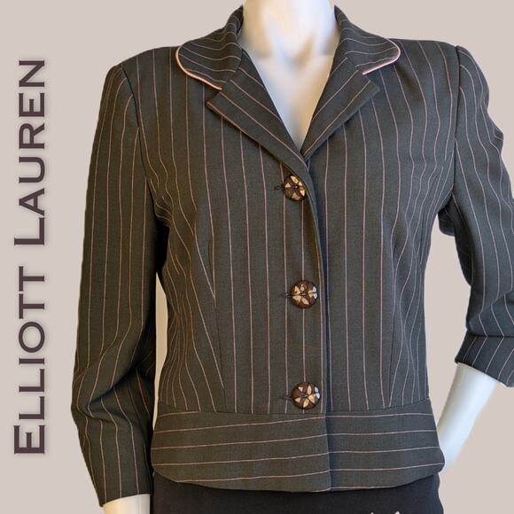 Elliott Lauren Blazer 6 Dark Gray Pink Pinstripe Cropped 3/4 Sleeve USA VTG - Picture 1 of 10